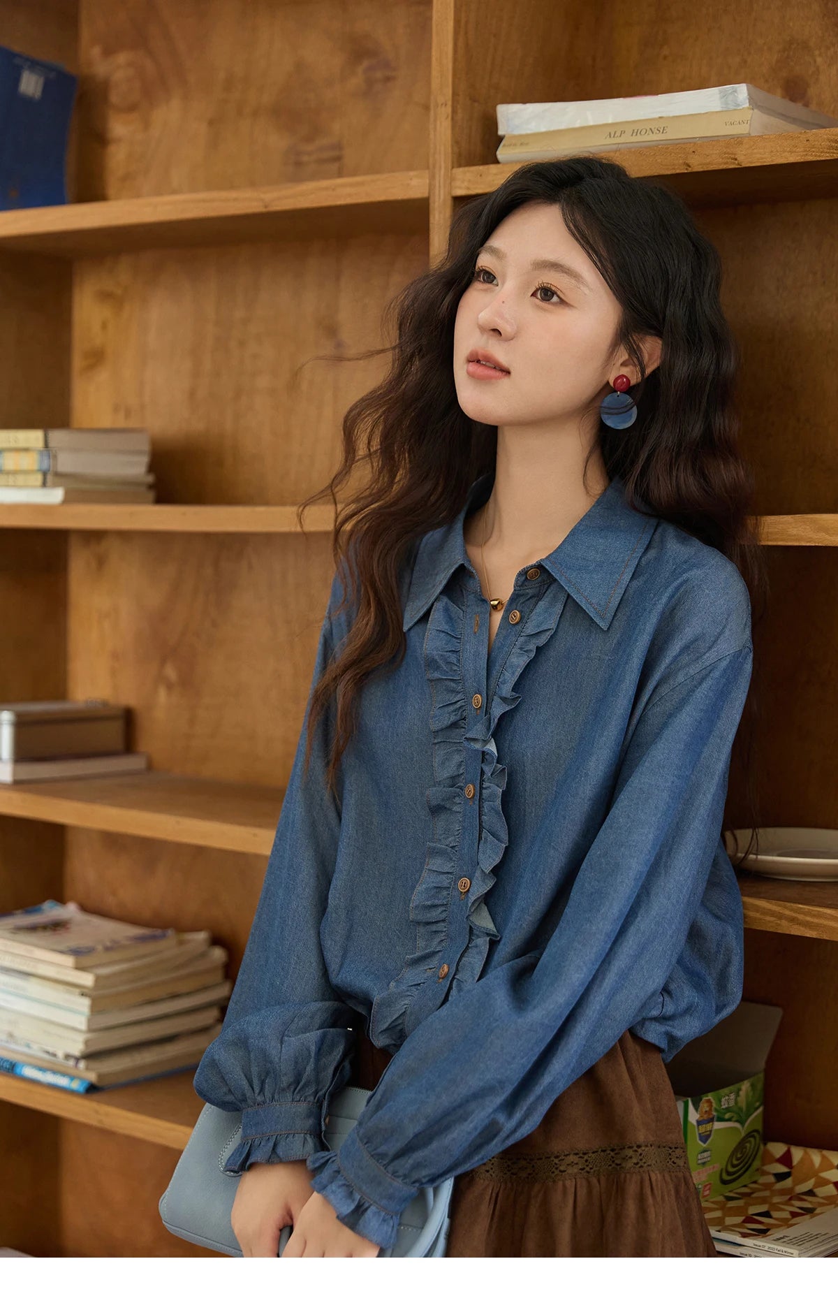 MISHOW Blue Lyocell Imitation Denim Shirt for Women Autumn 2025 Ruffled Placket Contrasting Button Waist Cinc Shirt MXE43C2386