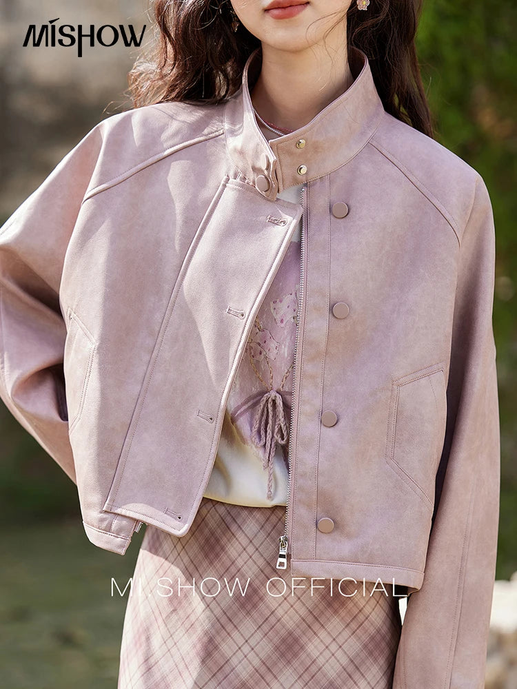 MISHOW Sweet Cool Blended Pink Purple Leather Coat Spring 2025 Stand Collar Motorcycle Style Jackets PU Leather Coats MXE13W0707
