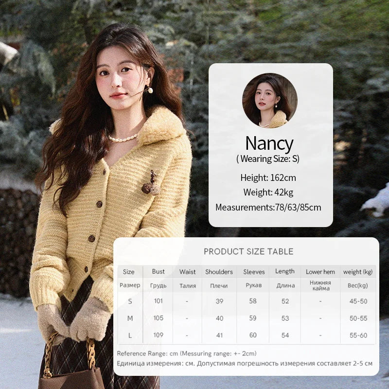 MISHOW Women's V-neck Cardigan 2025 Winter New Loose Single-breasted Sweater Luxurious Design Detachable Fur Collar MXE90Z2758