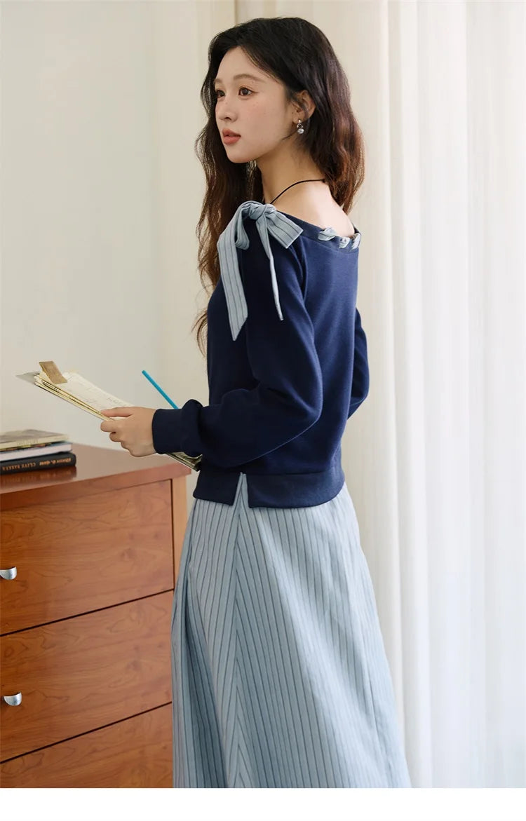 MISHOW Woman Striped Dress 2025 Autumn Blue Navy Slash Neck Contrast Lace Long-sleeved Dress Sexy Clothes for Women MXE45L2516