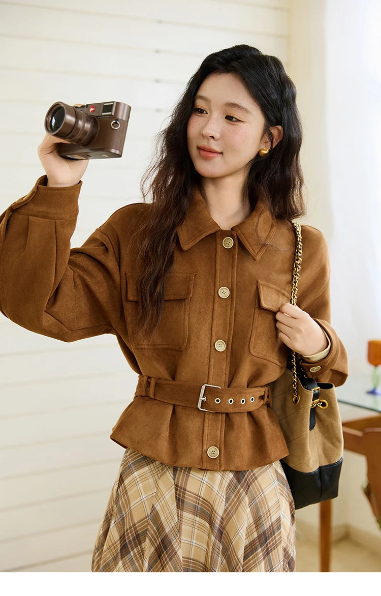 MISHOW Short Jacket for Women 2025 Autumn New Brown Lapel Metal Button Decorated Jacket Windproof Commuter Outerwear MXE46W0864