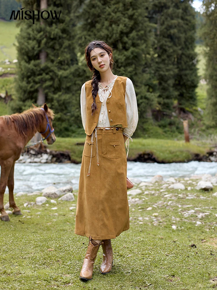 MISHOW Retro High Waist Suede Midi Skirt for Women Autumn 2024 Symmetrical Lip Pouch Skirts Slim Solid A-LINE Skirt MXD41B0486