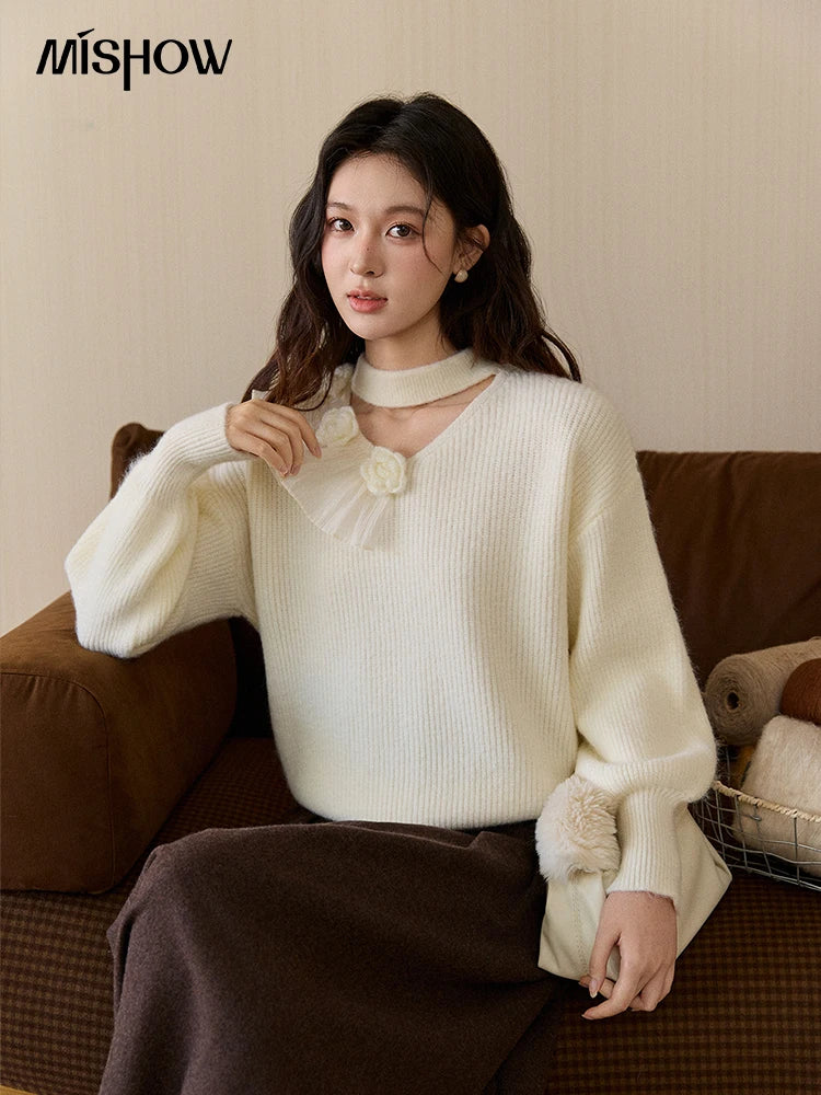 MISHOW Women's Cutout Neck Knitted Sweater 2025 Winter Ruffle Flower Decor Dropped Lantern Sleeves Pullover Tops MXE94Z2982