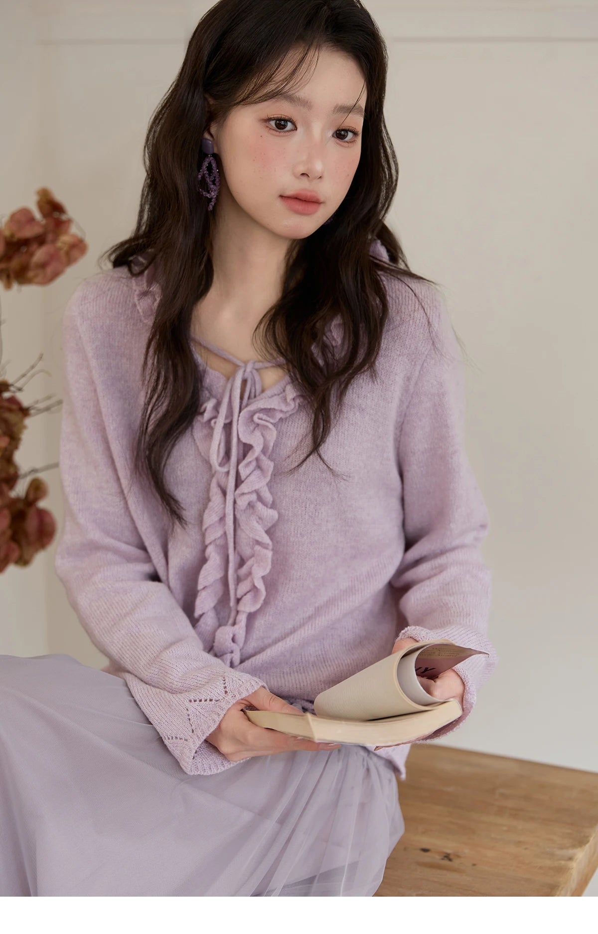 MISHOW Women Long Sleeve Tees 2025 Autumn New V-neck Wood Ear Hollow Out Knitted Sweater Women's  Beige Wool Top MXE51Z2595