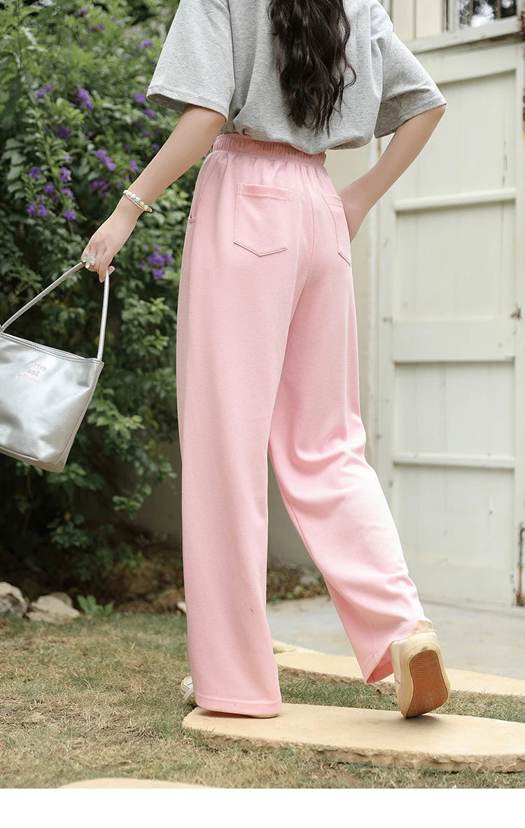 MISHOW Waffle Texture Fabric Loose Versatile Pants Summer Pocket Embroidered Elastic Waist Drawstring Casual Trouser MXD14K0608