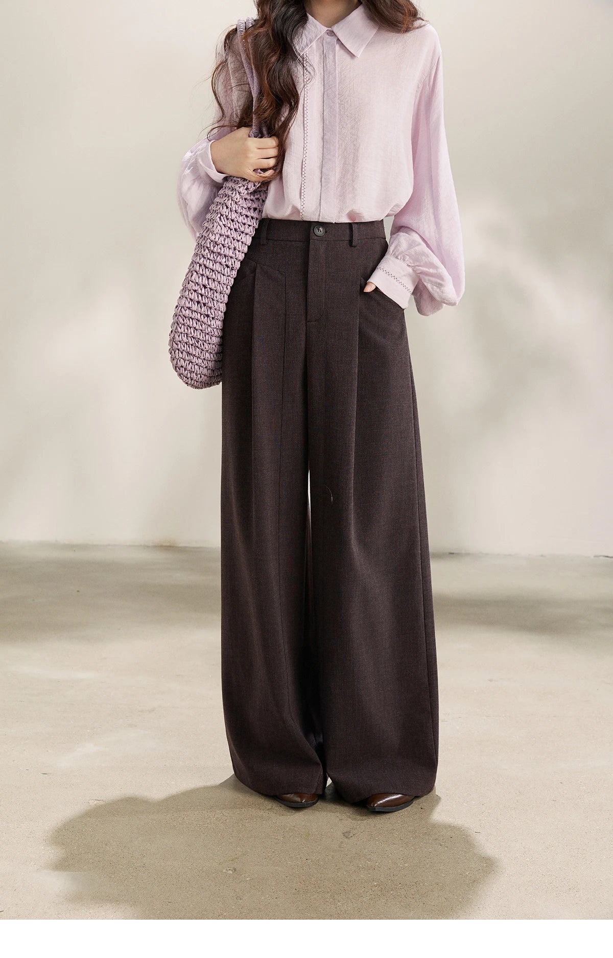 MISHOW Women's Dark Purple Wide Leg Pants 2026 Spring High Waist Pleated Pants Back Elastic Waist Casual Trousers MXF13K1204