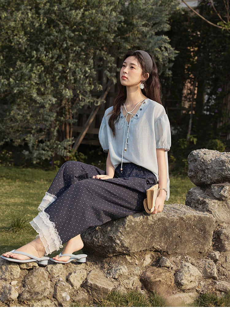 MISHOW French Summer Blouses Women Solid Short Puff Sleeve V-neck Lace-up Design Shirts Female Fashion Straight Tops MXE33X1743