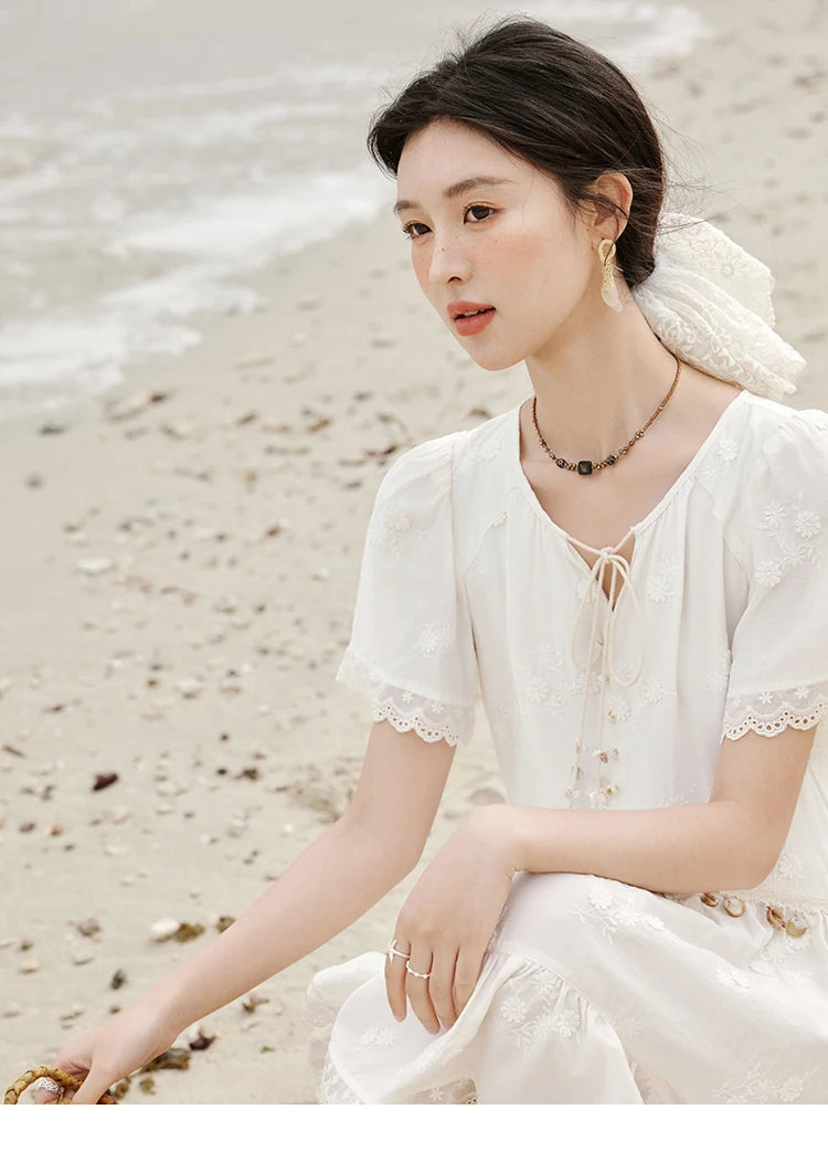 MISOHW Bohemian Solid Women's Summer Dress New 2025 Short Sleeve V-neck Shell Lace Midi Dresses for Woman Fashion MXE33L2195