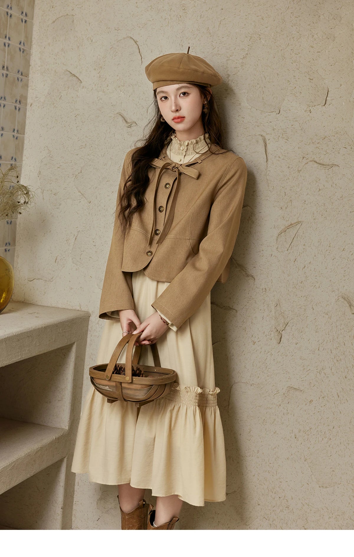 MISHOW French Stand Neck Elasticity Dress 2024 Autumn Waist Elegant A-line Dresses Elastic Lotus Leaf Sleeves Dress MPD42L2036