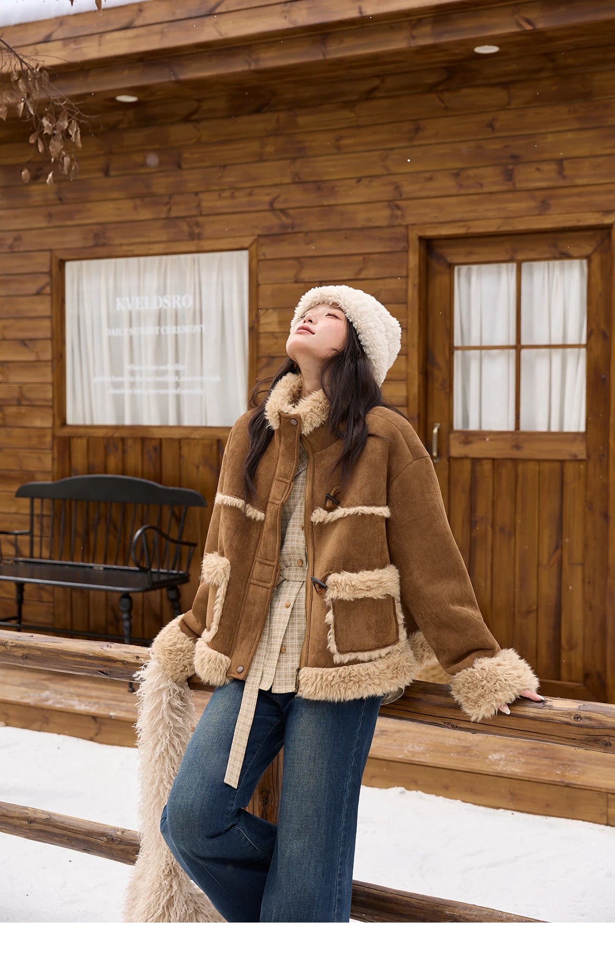 MISHOW Khaki Suede Jacket for Women 2025 Winter New Retro Stand Collar Zippered Jacket Pockets Long Sleeves Top MXE88W0886