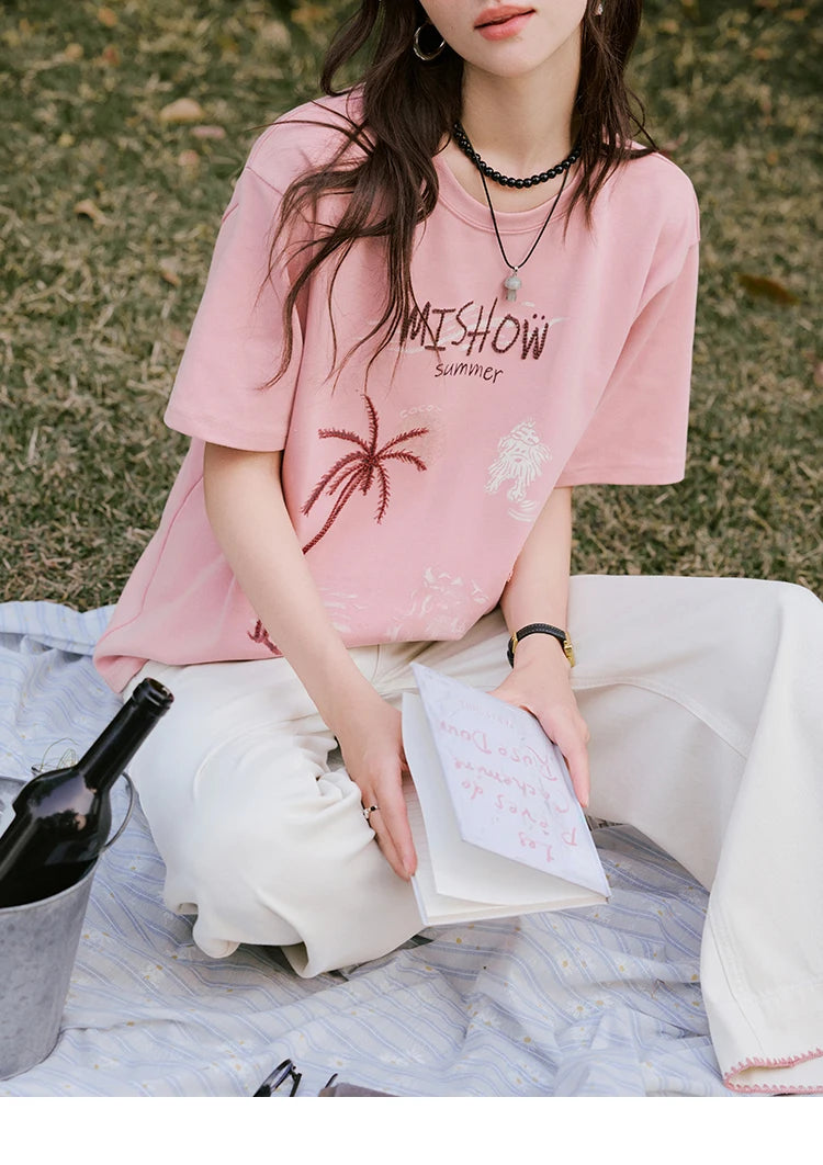 MISHOW Casual Print T-shirts Women 2025 Summer New Short Sleeve Round Neck Coconut Tree Pattern Shirt Woman Holiday MXE31T0516