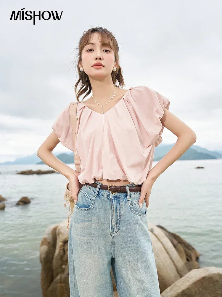 MISHOW Soft Blouses for Women 2025 Summer French Rear Collar Tie Up Solid Short Sleeve Solid V Neck Puff Sleeve Tops MXC38X1275