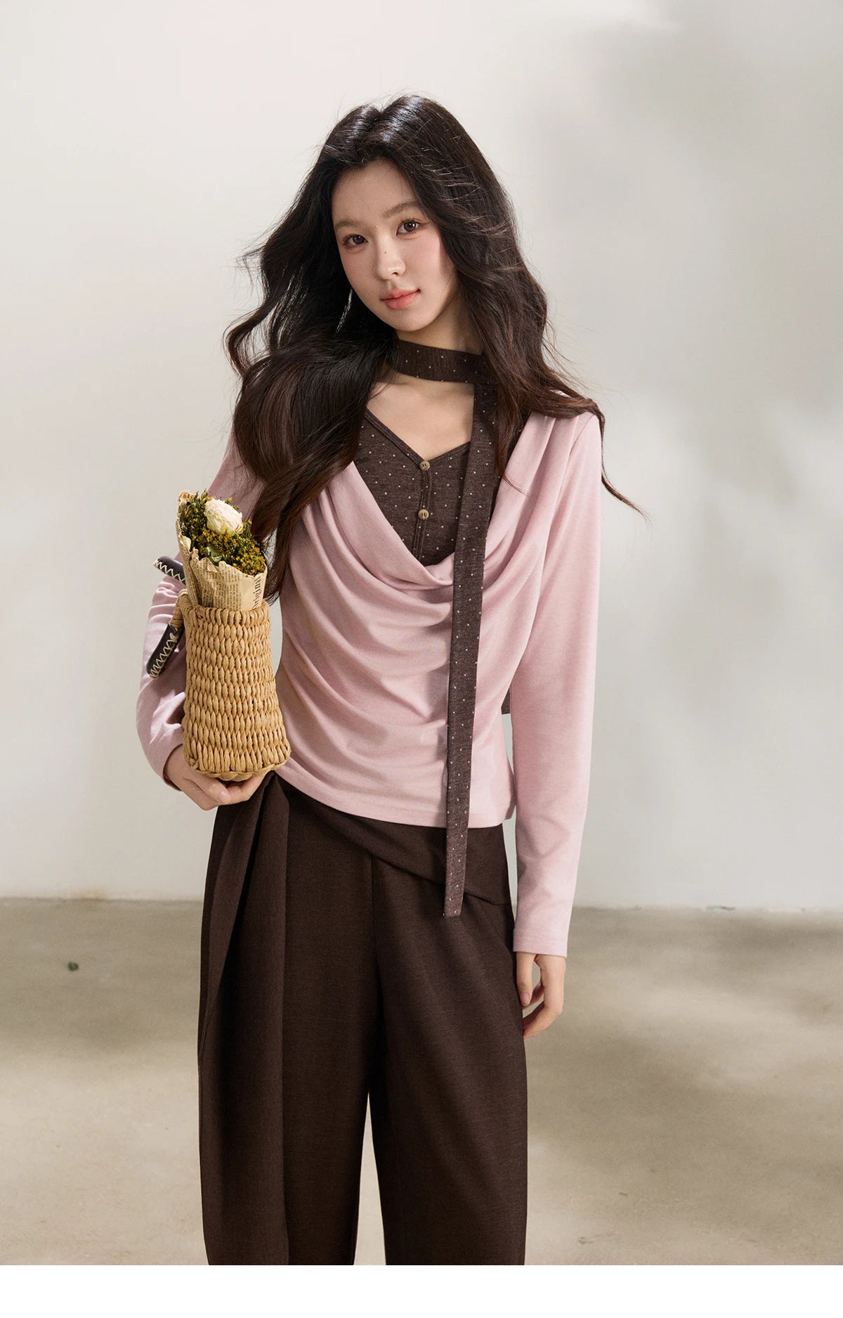 MISHOW Women's Wool Blend Fake Two Piece Draped Neck Knit Top 2026 Spring Wave Point Ribbon Contrast Color Casual Top MXF13Z2977