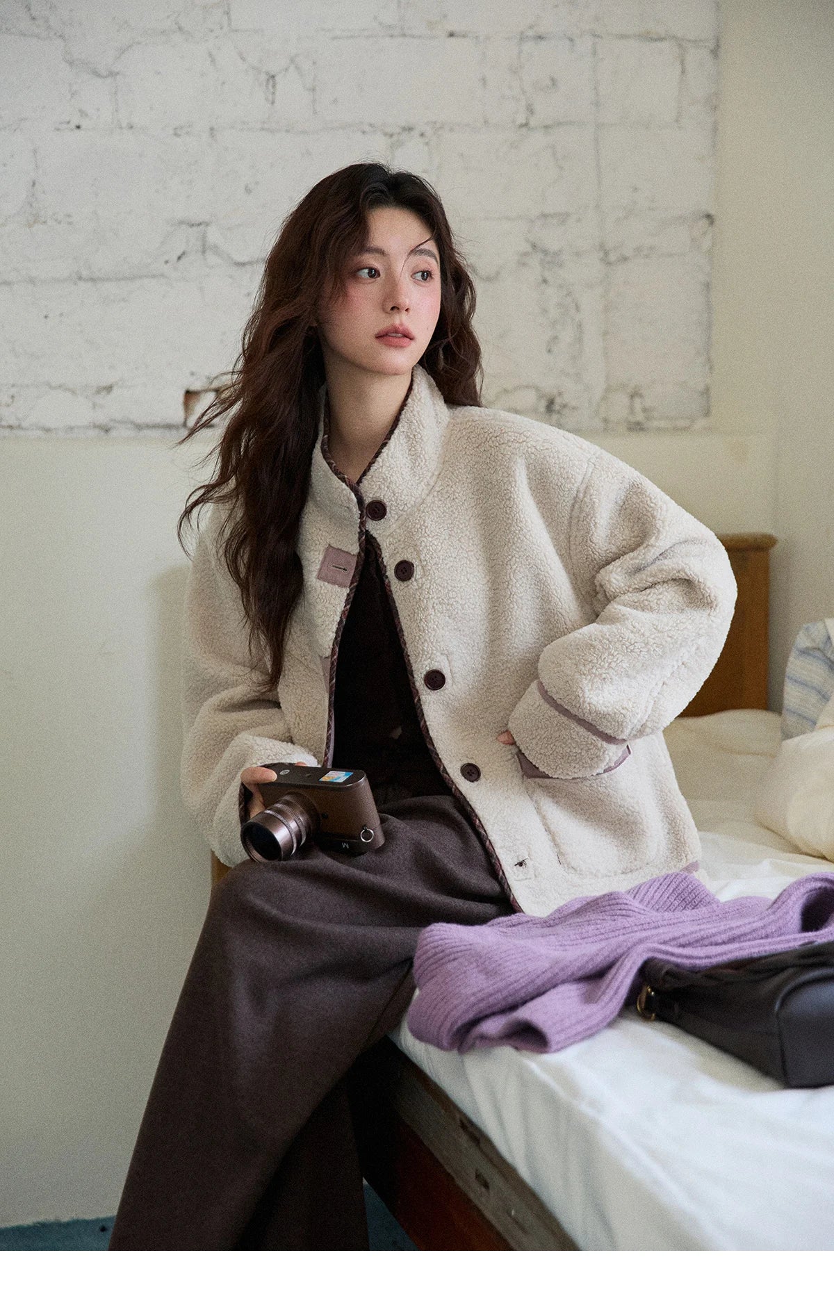 MISHOW Women Purple Coats 2025 Winter Luxury Turn-down Collar Double-sided Jacket Pocket Decoration Windproof Jacket MXE87W0940