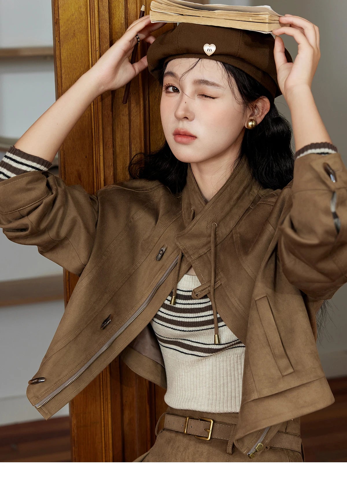 MISHOW Retro Suede Jacket Pleated Skirt Separately for Women 2024 Autumn Short Stand Neck Jacket A-line Short Skirt MXD44W0423