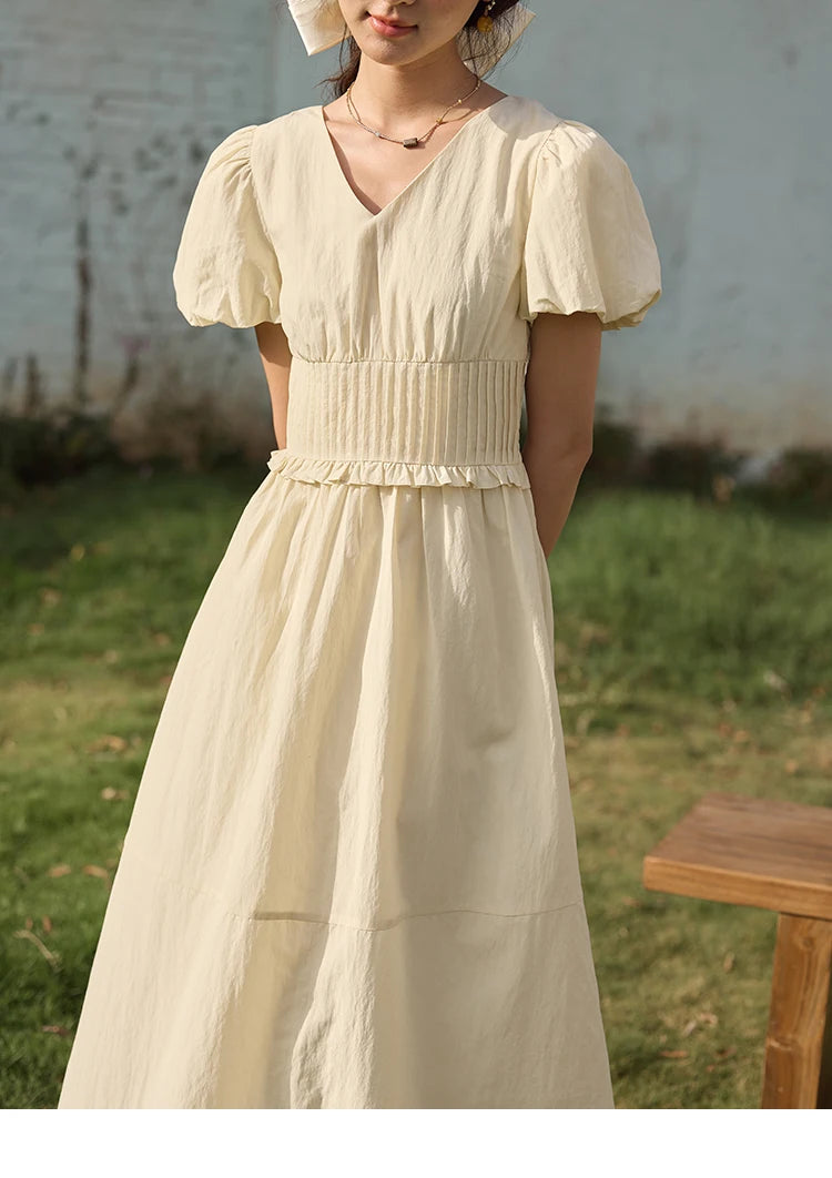 MISHOW French Summer Dresses Women 2025 New Short Puff Sleeve V-neck Solid Cotton Blended Dress Female Slimming MXE34L2288