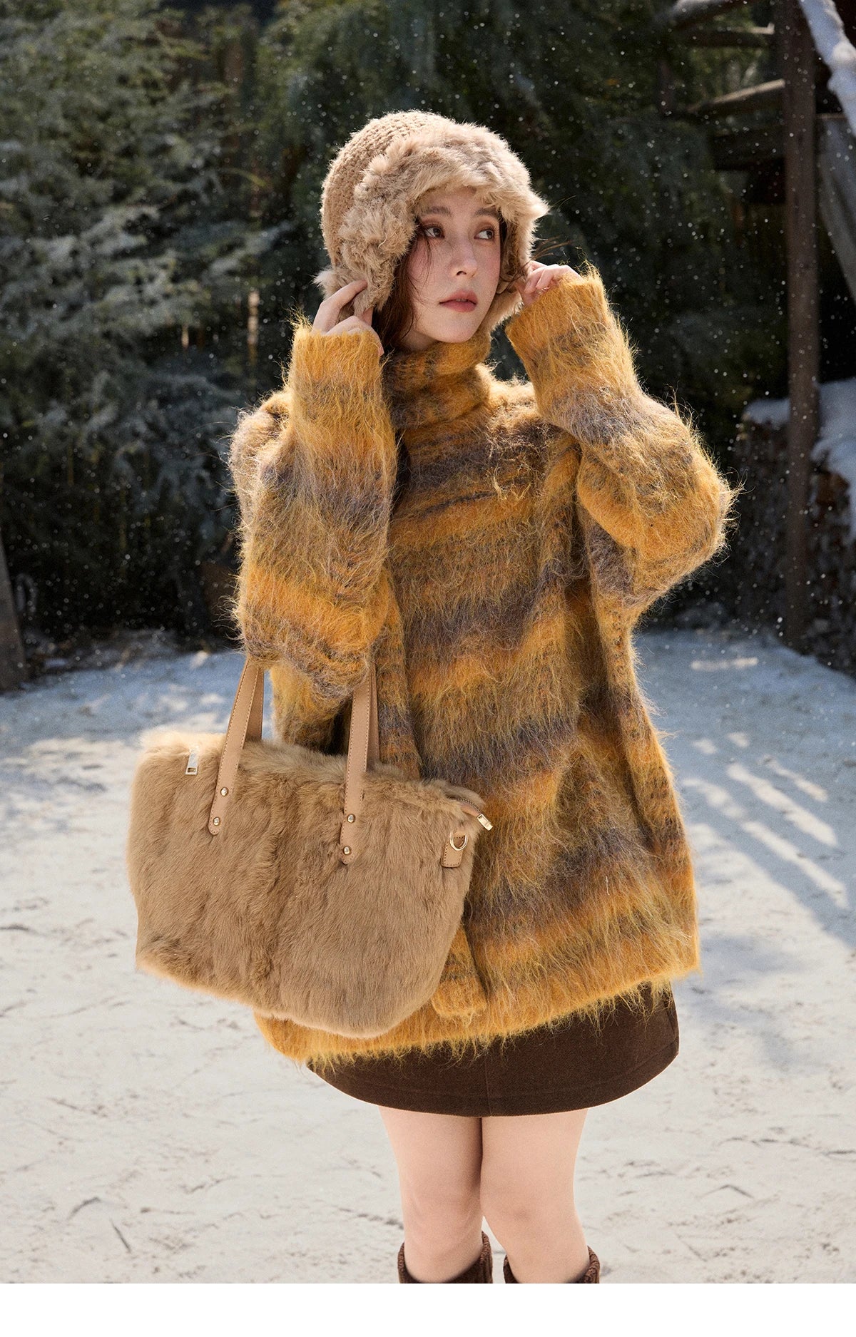 MISHOW Retro Yellow Gradient Blurred Striped Sweater with Scarf Winter 2025 Brushed Wool Blend Soft Warm Sweater MXE91Z2842