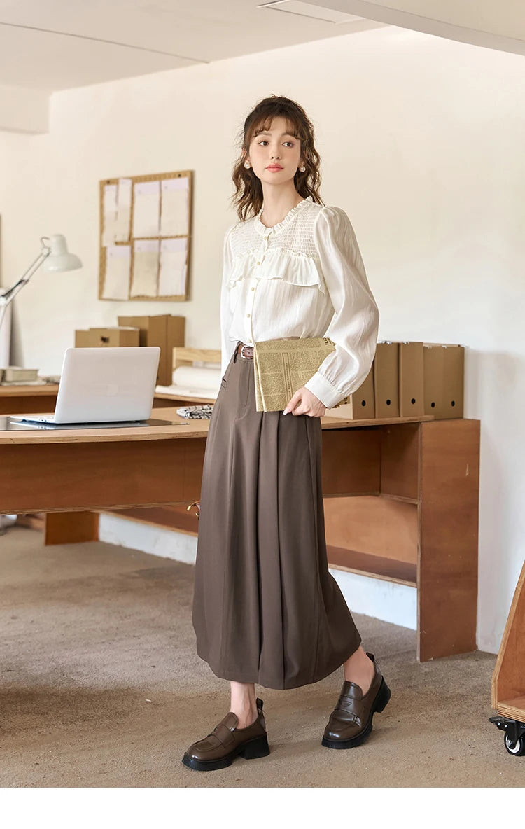 MISHOW Women's Midi Skirt 2023 Autumn Academy Pleated Commuter A-LINE Pockets Solid Split Back Hem Mid-Calf Skirts MXC42B0118