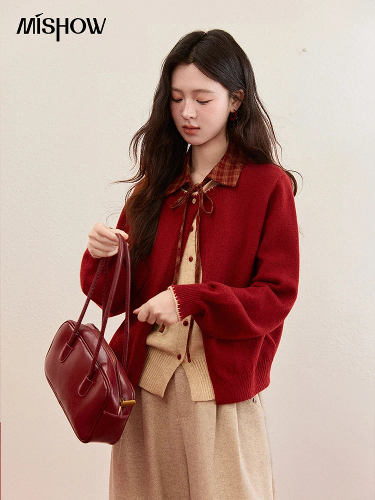 MISHOW Color Block Contrast Fake Two-Piece Cardigan Women Winter Removable Plaid Collar Tie Thickened Knitted Sweater MXE93Z2816