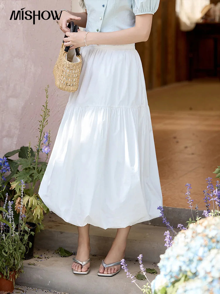 MISHOW Sea Salt White Double Layered Waist Skirt 2025 Summer Flower Bud Skirt Shell Button Versatile A-line Skirts MXE32B0715
