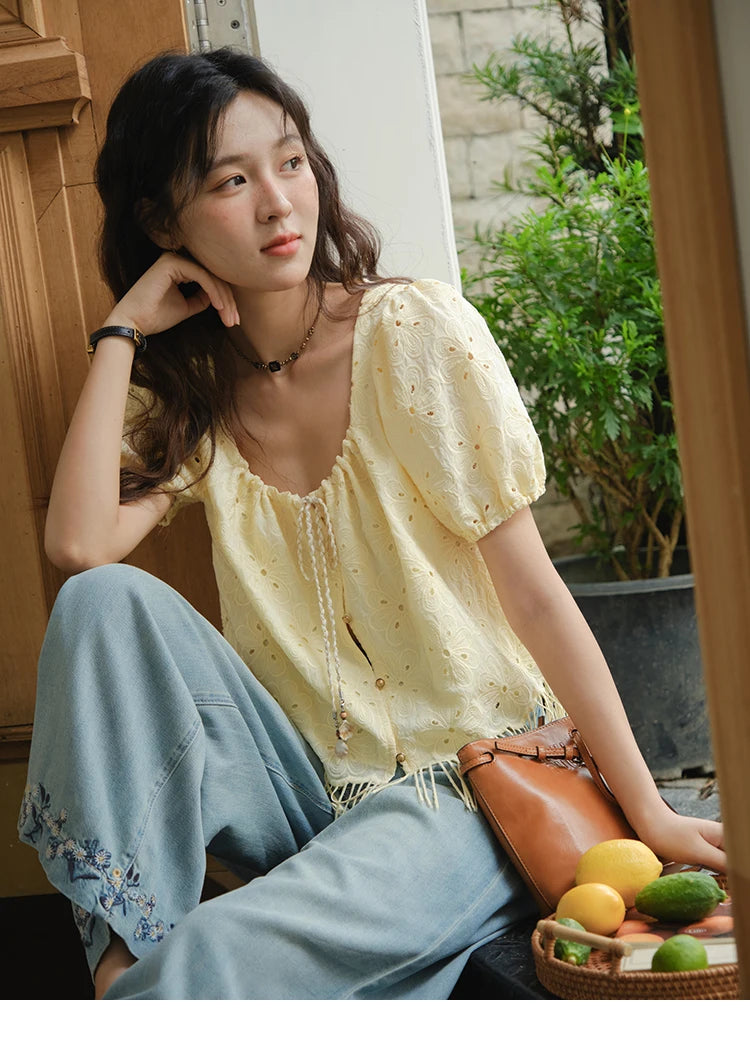 MISHOW Women's Fashion Hollow Out Blouse Summer 2025 Embroidery Puff Sleeve Square Collar Tassel Ladies Casual Top MXE37X1851