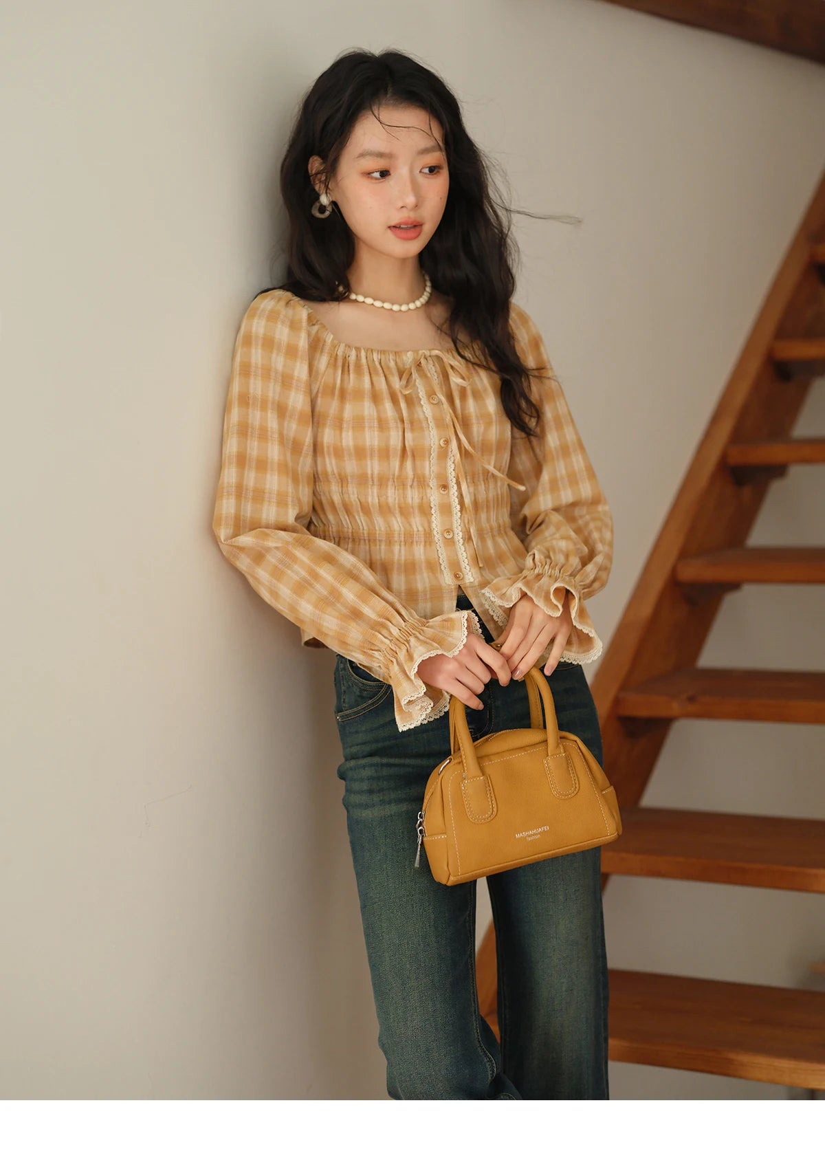MISHOW Yellow Plaid Blouse for Women 2025 Autumn Korean Waist Square Neck Top Cuff Patchwork Lace Puff Sleeve Blouses MXE43X1986