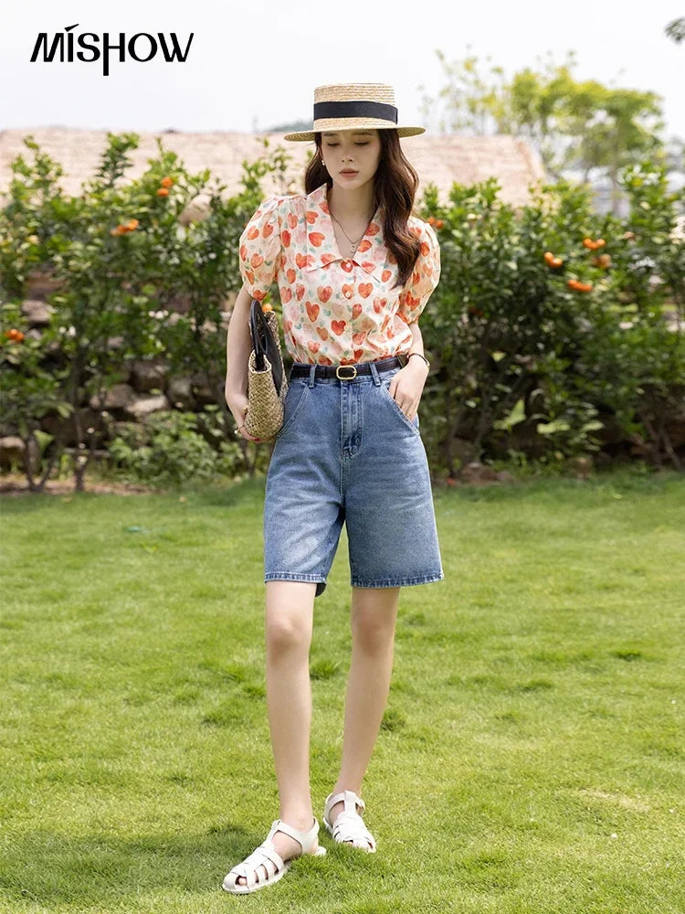 MISHOW Korean Floral Blouse Polo-Neck Puff Sleeve MXB27C0450