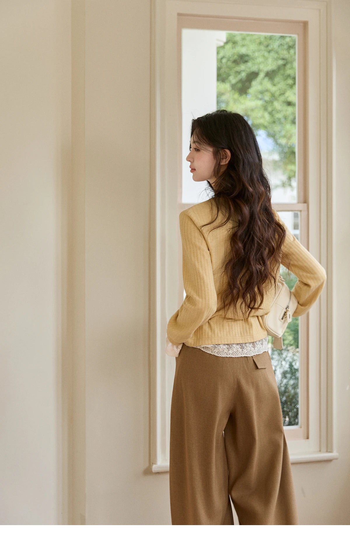 MISHOW Women's Yellow Ribbed Cardigan Spring Lace Trim Drawstring Waist Thin Knitted Sweater Long Sleeve Casual Top MXF11Z2919