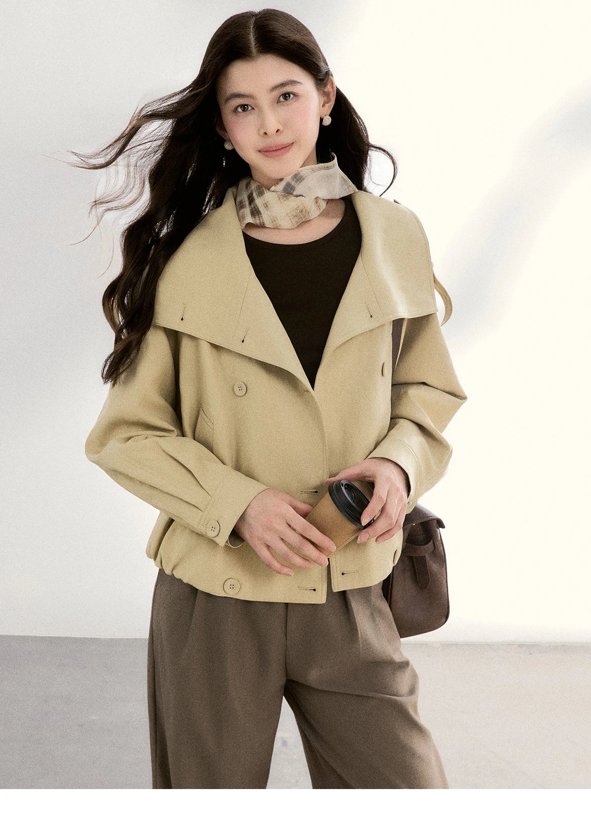 MISHOW Women's Khaki Cropped Short Leather Jacket 2026 Spring Lapel Stand Collar Double Breasted Casual Loose Coat MXF108W1000