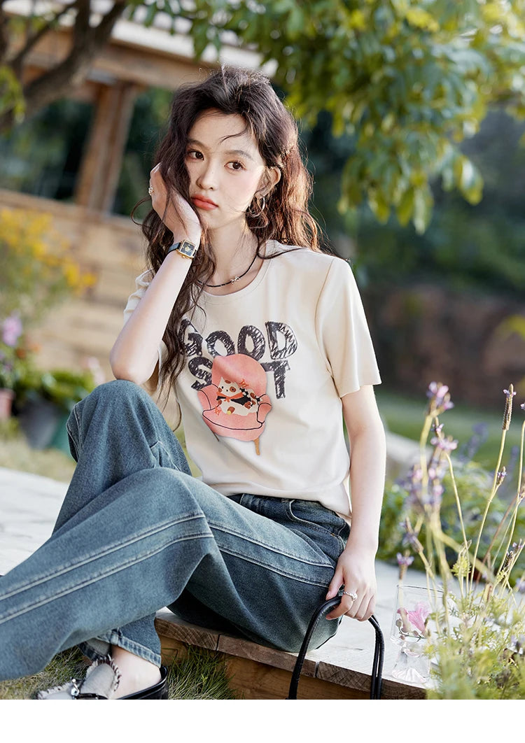 MISHOW Printed Cotton T-shirts for Women Spring 2025 Loose Slim Short Round Neck Tees Versatile Soft Casual Tops MXE13T0461