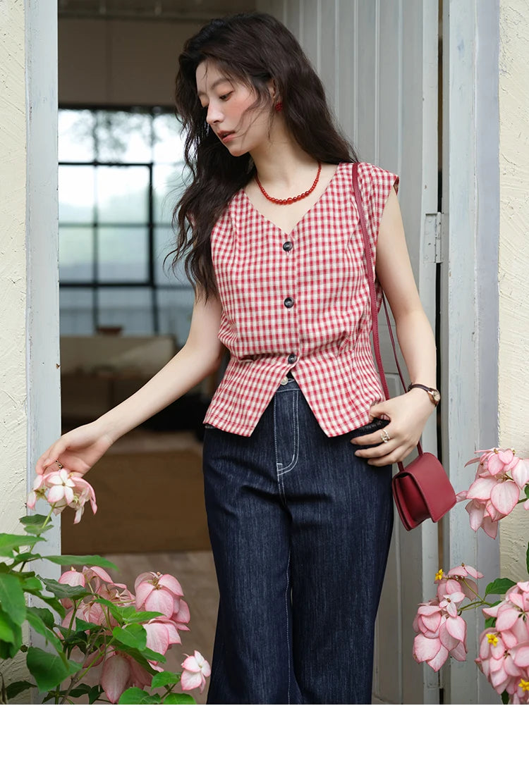 MISHOW Women's Fashion V-neck Shirt 2025 Summer New Plaid Ladies Red Button Shirt Casual Retro Top Female Clothing MXE37X1921