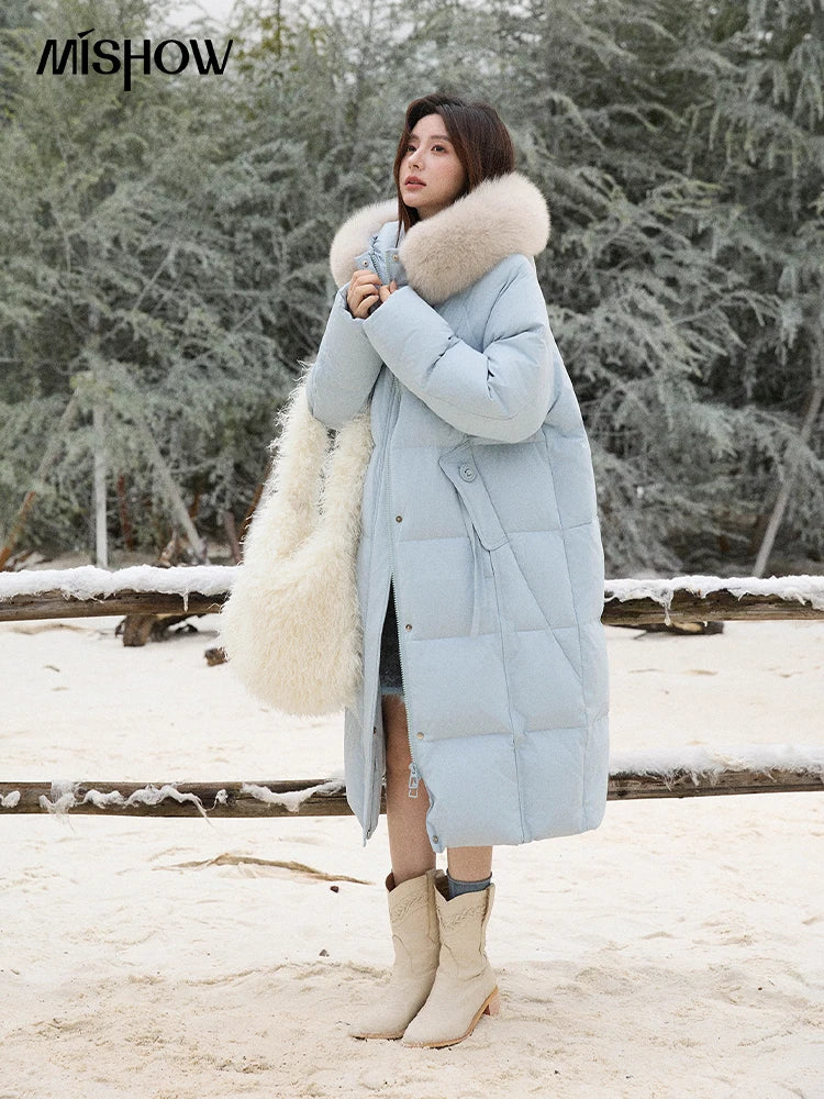 MISHOW Women's Winter Coat with Hood 2025 Fashion Solid Commute Long Down Jacket Windproof Warm Down Coat Luxury MXE51Y0079