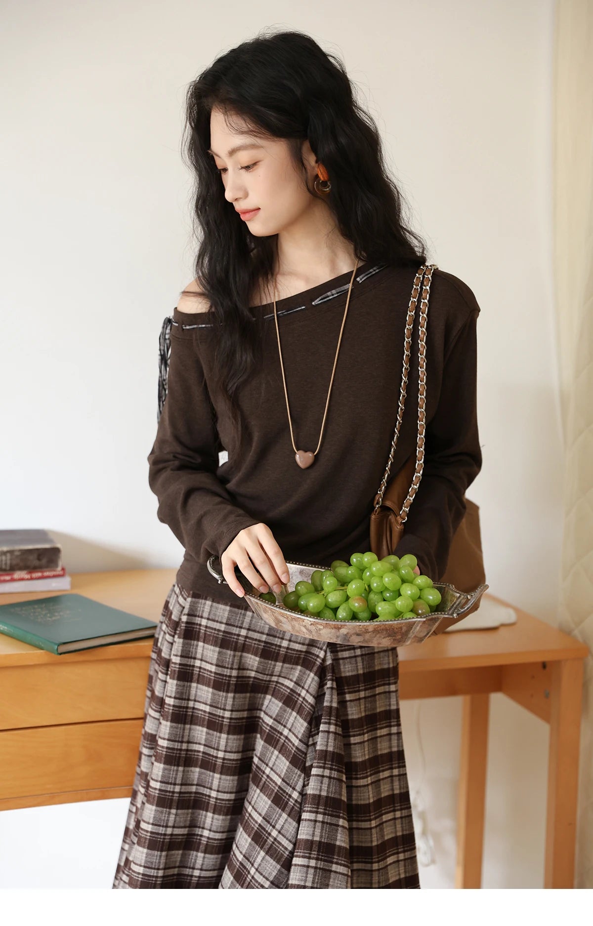 MISHOW Slant Shoulder Knitted Top for Women Autumn 2025 Drak Brown Plaid Strap Design Tops Casual Knitted Base Top MXE45T1402