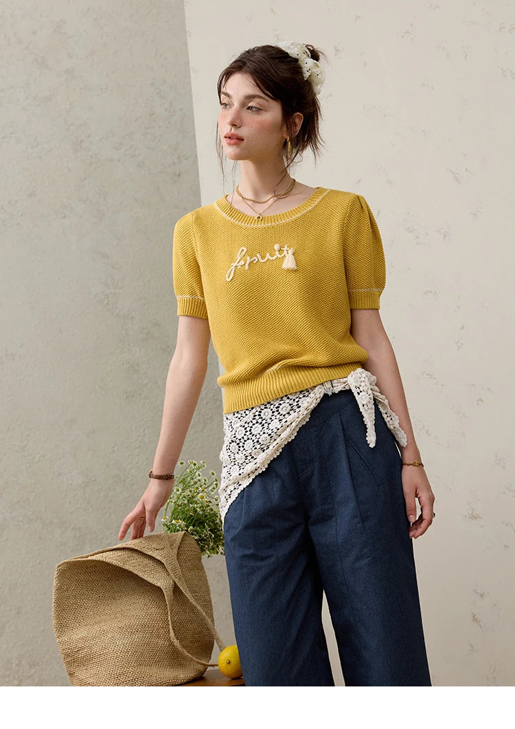 MISHOW French Knitted Pullover Women Summer 2025 Letter Short Sleeve Round Neck Slimming Sweater Female Fashion MXE33Z1219