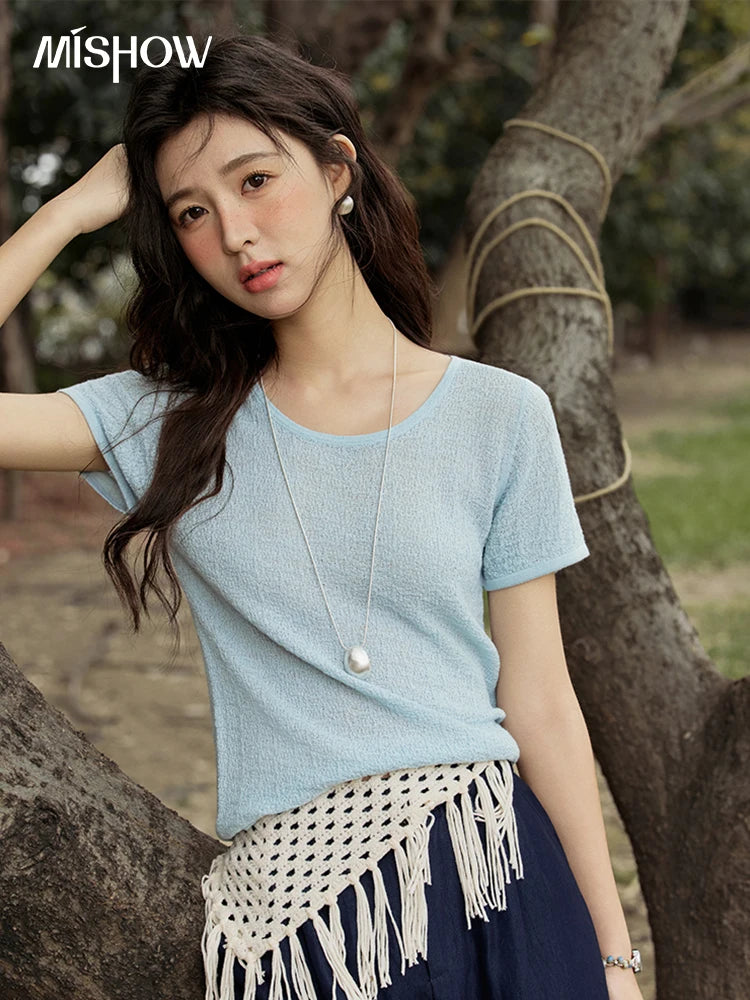 MISHOW Office Lady Women’s T-shirts Summer 2025 Short Sleeve Round Neck Solid Slimming Knitted Shirt Female Fashion MXE34Z1257