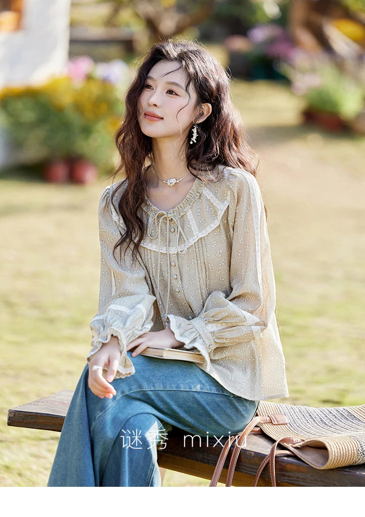 MISHOW Women's Floral Round Neck Shirts 2025 Spring Ruffled Collar Commuting Top Sweet Petal Sleeve Lace-up Shirts MXE14X1729