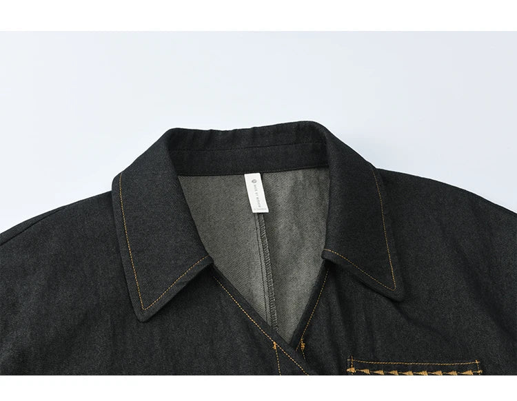 MISHOW Black Imitation Denim Shirt Side Lace-Up Lapel V-Neck MXE42C2374