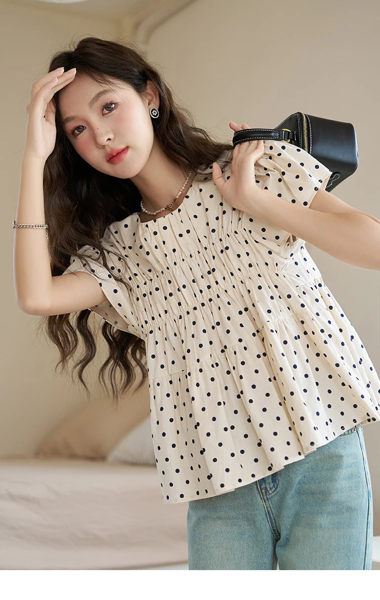 MISHOW Polka Dot Blouses for Women 2025 Summer French Flying Sleeve O Neck Elastic Folds Loose Retro Female Doll Top MXC39X1291
