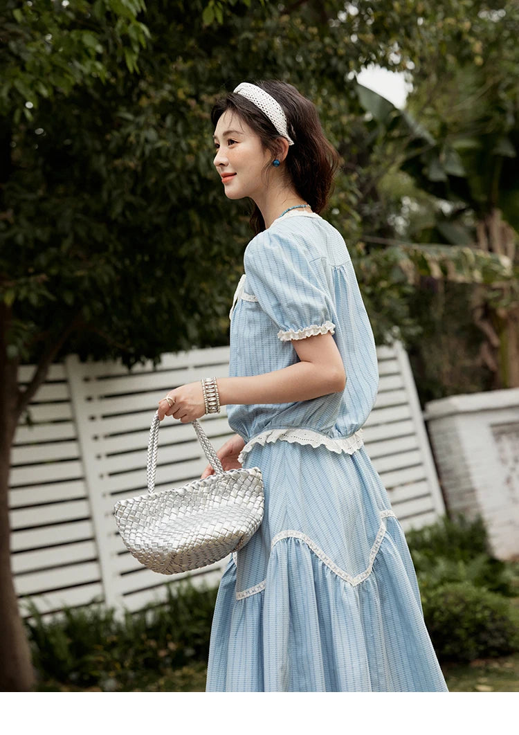 MISHOW Elegant Summer Skirts Sets Women 2025 Short Sleeve V-neck Tops Blue Stripe Lace A-line Skirt Woman Slimming MXE31T0531