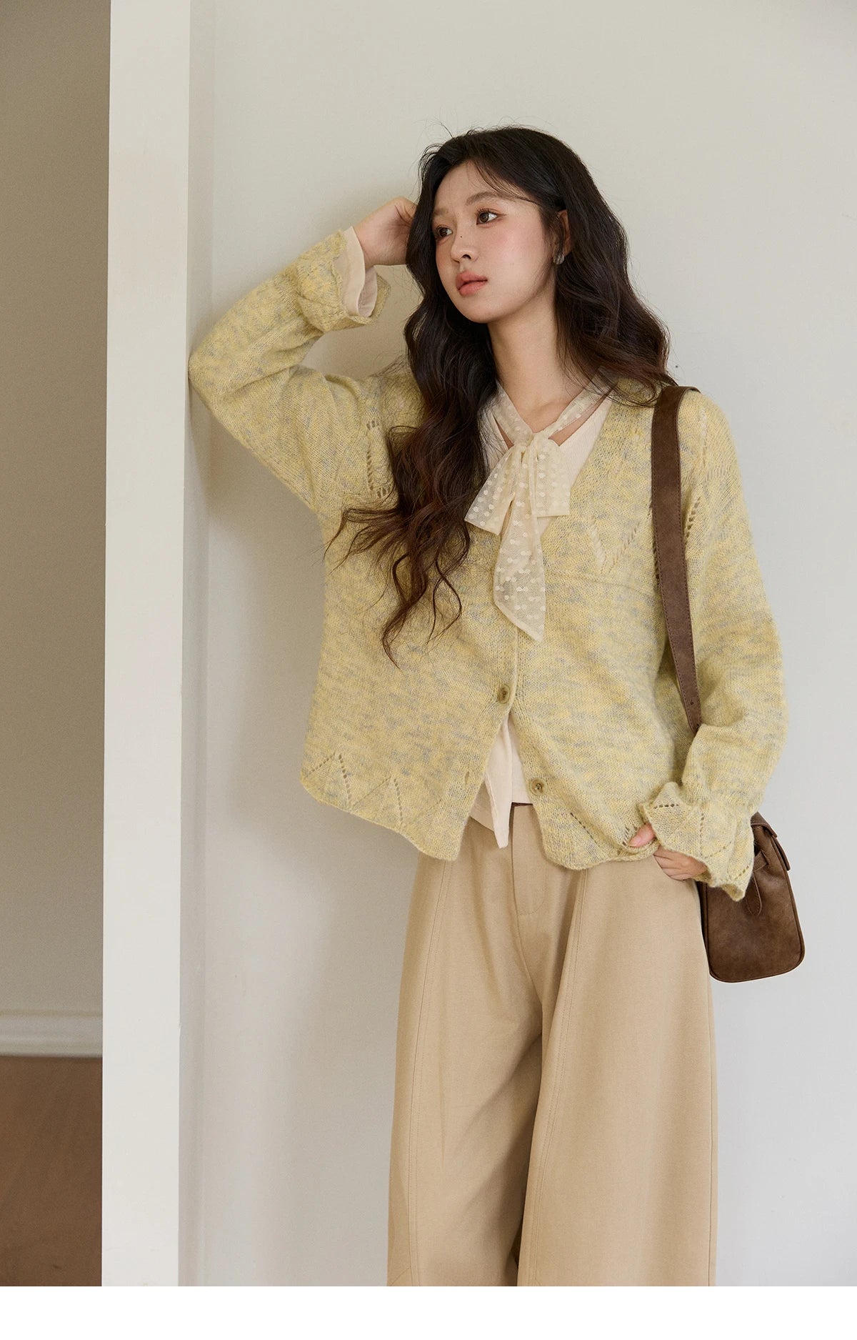 MISHOW Women's Marled Yellow Mohair Knit Cardigan 2026 Spring V-Neck Flare Sleeve Cardigans Casual Loose Sweater MXF108Z1021