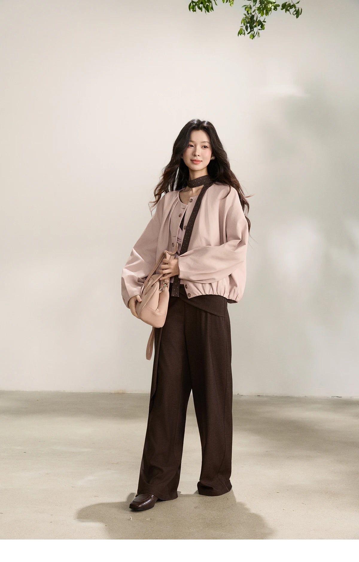 MISHOW Women's Pink Flower Bud Leather Jacket Spring 2026 Crew Neck Single-breasted Coats Casual Loose Cropped Coat MXF108W1001