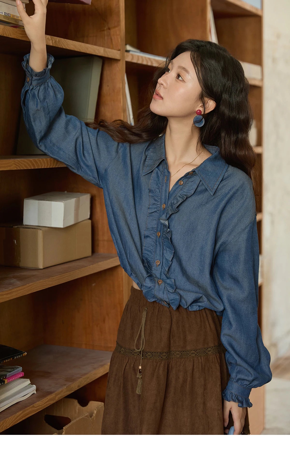 MISHOW Blue Lyocell Imitation Denim Shirt for Women Autumn 2025 Ruffled Placket Contrasting Button Waist Cinc Shirt MXE43C2386