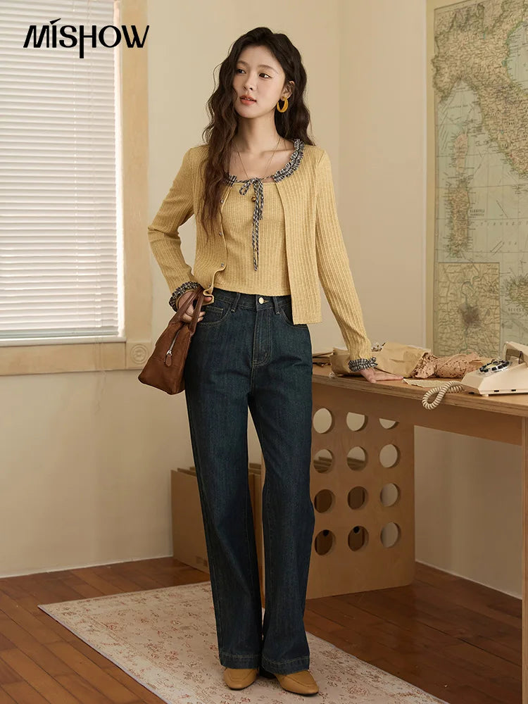 MISHOW Plaid Black Fungus Edge Tied Knitted Sweater for Women Autumn 2025 Pit Striped Knitted Fake Two-piece Top MXE44Z1361