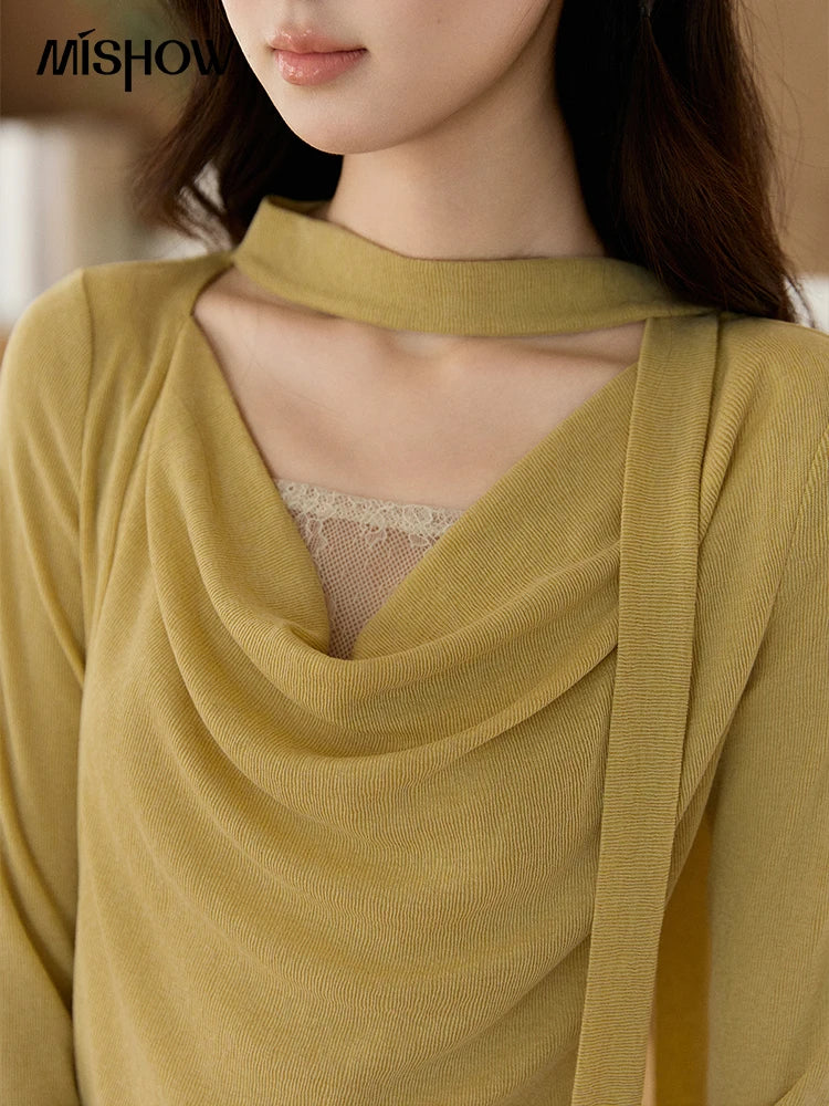MISHOW Women's Yellow Splicing Lace Long Sleeve Knitted Top Spring Ribbon Draped Collar Casual Slim Thin Sweater MXF108Z1030