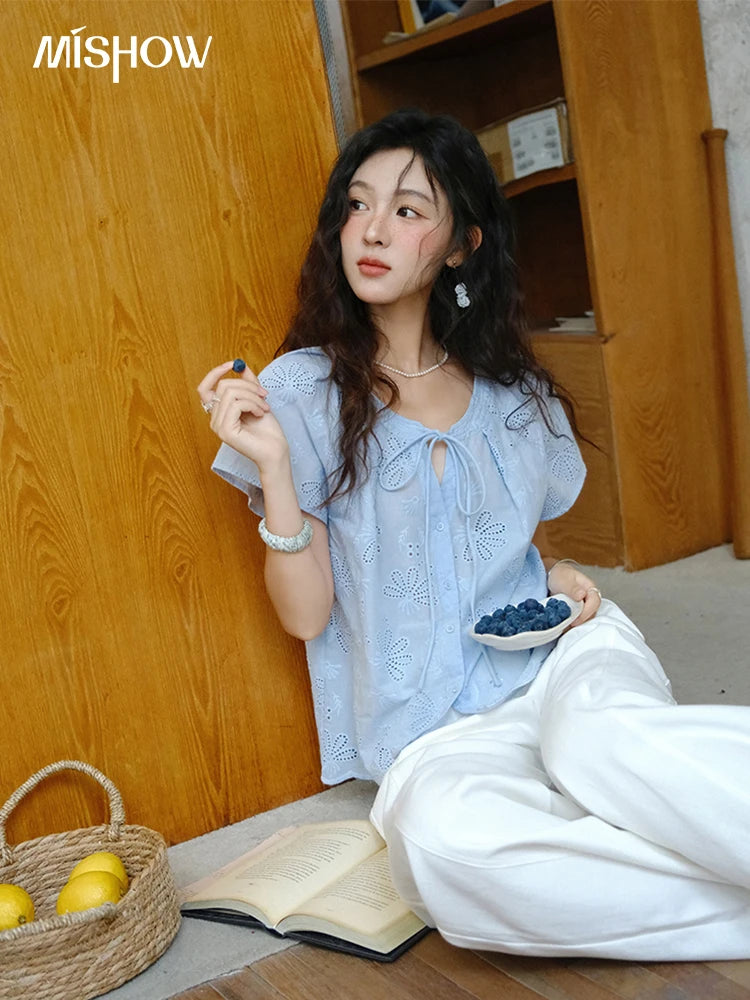 MISHOW Women's 100% Cotton Shirt 2025 Summer New O-Neck Button Lace Up Loose Shirt Fashion Hollow Out Embroidery Top MXE37X1890