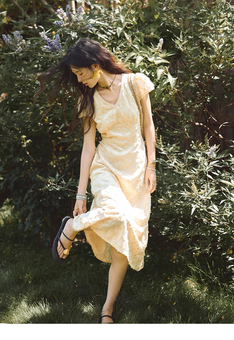 MISHOW Women's V-neck Lace Spliced Dress 2025 Summer New Embroidery Vacation French Style Jacquard Mid-Length Dresses MXE38L2378