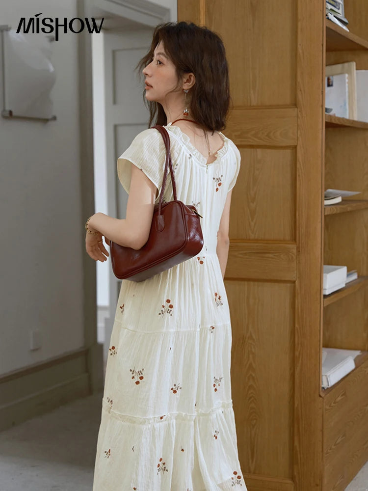 MISHOW Women's V-neck Chiffon Embroidery Dress 2025 Summer New Fashion Lace Splicing Print Dresses Women's Clothing MXE39L2382