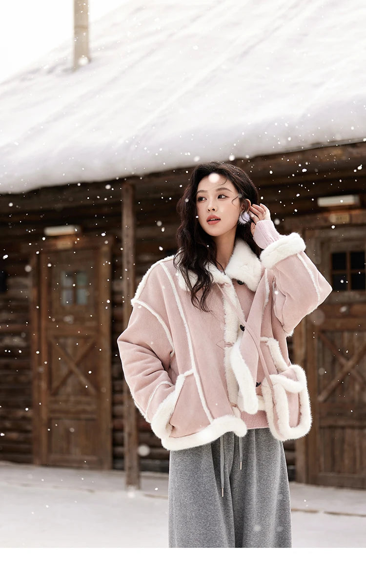 MISHOW Leather Fur Coat Fur Collar with Bag Women Winter Clothes Suede Plush Jacket Pocket Soft Thickened Warm Tops MXD57W0737