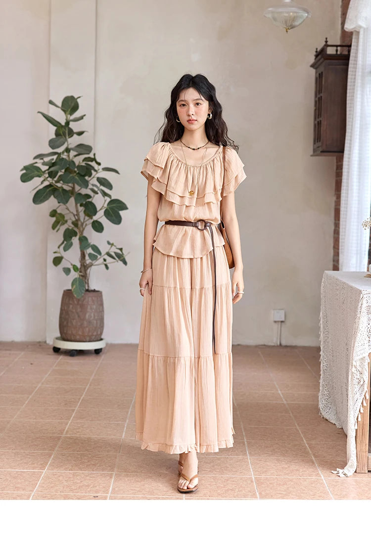 MISHOW Women Fashion Two-Piece Set 2025 Summer Loose Lotus Leaf Edge Off Shoulder Top Elastic Waist Skirt Ladies Set MXE36T0637