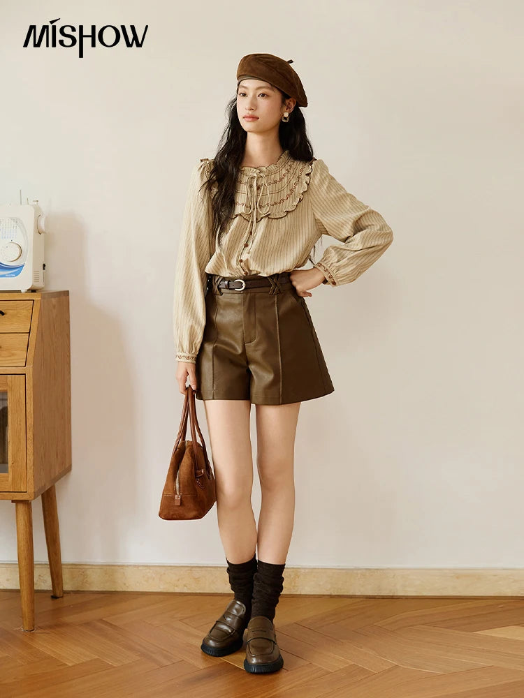 MISHOW Striped Shirt for Woman 2025 New Retro Wood Ear Edge Round Neck Embroidery Top Korean Popular Clothes Autumn MXE46X2492